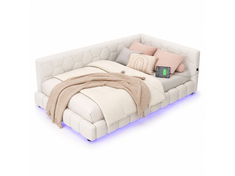 Lit banquette simple 90×200 cm led réglable, usb et type-c  - sans matelas, velours - blanc  - Conforama A