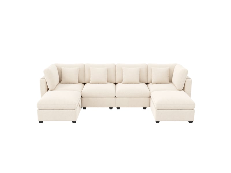 Canapé d’angle modulable xxl 6 places en u ou l canapé avec 2 poufs coffre, poches latérales et 4 coussins, tissu chenille beige OPULERANE TRADING LTD - Conforama D
