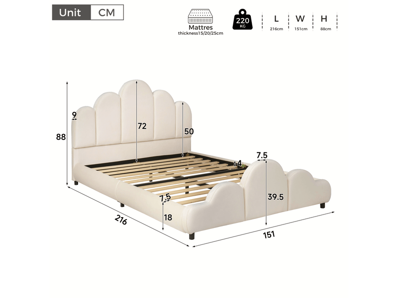  Lit enfant 140x200 cm en velours beige avec sommier à lattes et angles arrondis  - Conforama C