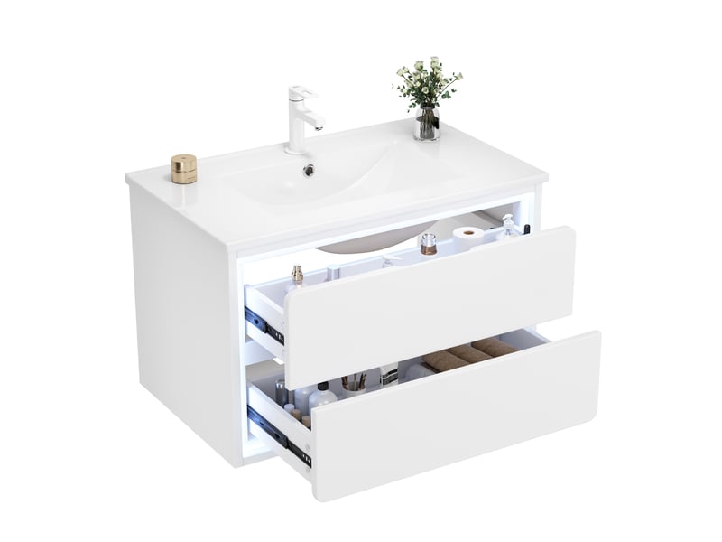  Meuble sous-vasque suspendu 2 tiroirs avec vasque céramique et led blanc  - Conforama A