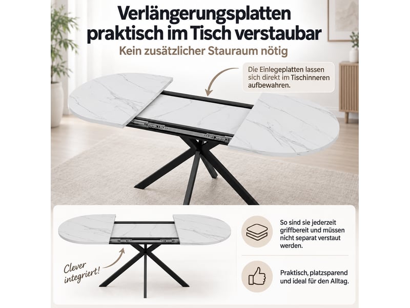 Table à manger extensible 120160x80x75,5 cm, style minimaliste, ovale mdf, pieds métal, aspect marbre blanc - Conforama E