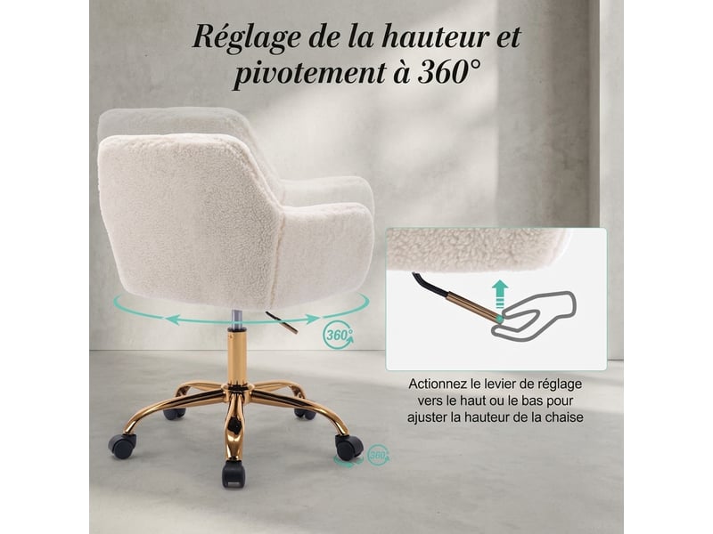  Chaise de bureau fausse fourrure blanche pivotante et réglable en hauteur, 53x53x55 cm  - Conforama D