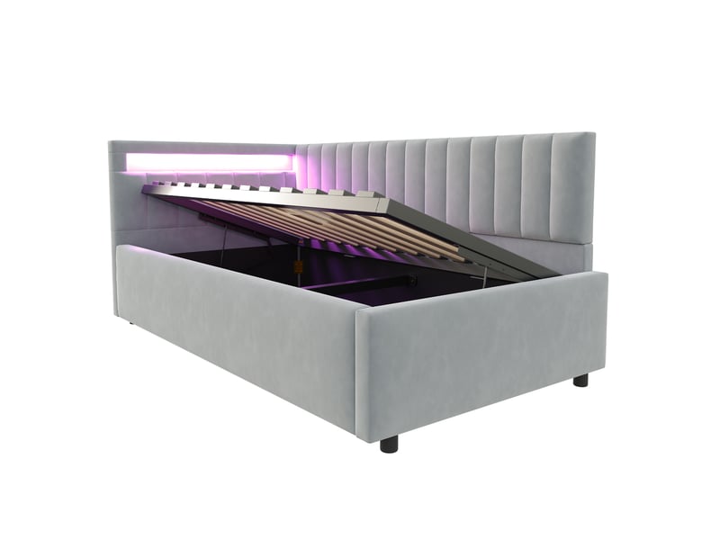 Lit banquette 90x200 cm en velours gris clair, led, coffre hydraulique et dossier latéral modulable - Conforama E