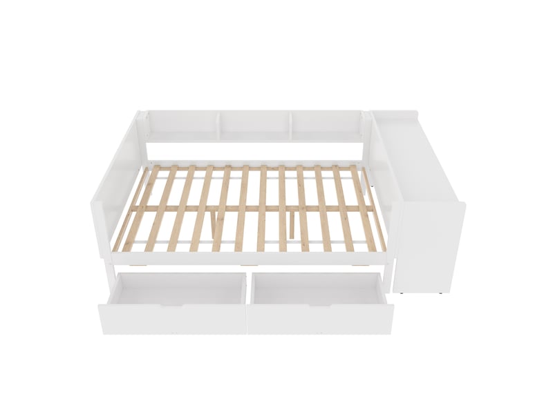  Lit double 140x200 cm avec bureau intégré, 2 tiroirs et étagères, bois, blanc, sans matelas  - Conforama E