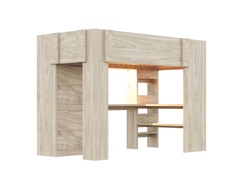  Lit mezzanine multifonction bois naturel 90x200 cm, bureau, armoire, étagères, rangements et led  - Conforama D