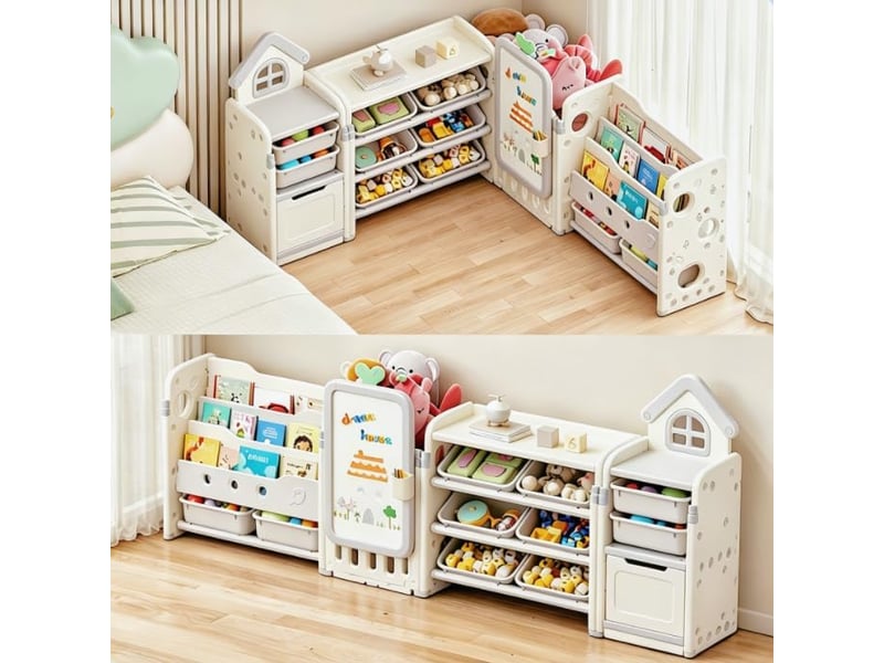 Meuble de rangement pour jouets d'enfants avec 10 caisses amovibles, 222 x 32 x 91 cm, beige - Conforama B