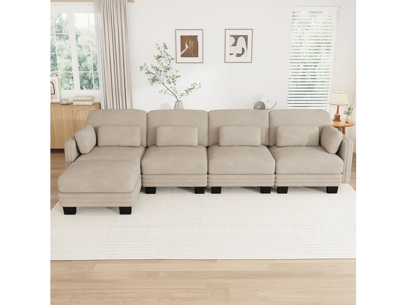 Canapé d’angle modulaire 4 places avec ottomane 330x143x88 cm en chenille café clair - Conforama B