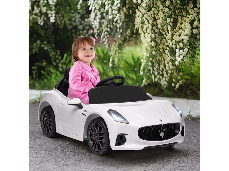  Voiture électrique pour enfants maserati gran turismo folgore avec batterie 12 v, télécommande, phares, klaxon et lecteur mp3, blanche.  - Conforama D