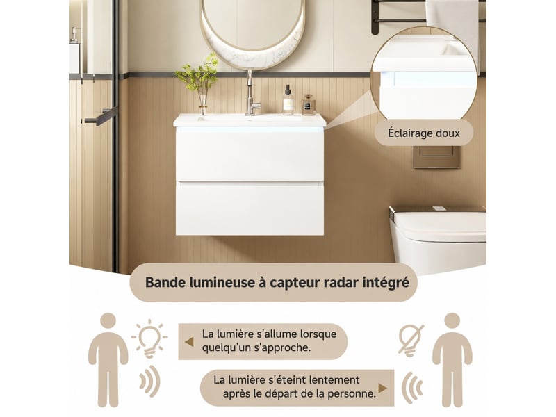  Meuble vasque suspendu blanc 61 cm avec lavabo en céramique, led à détection et 2 tiroirs  - Conforama D