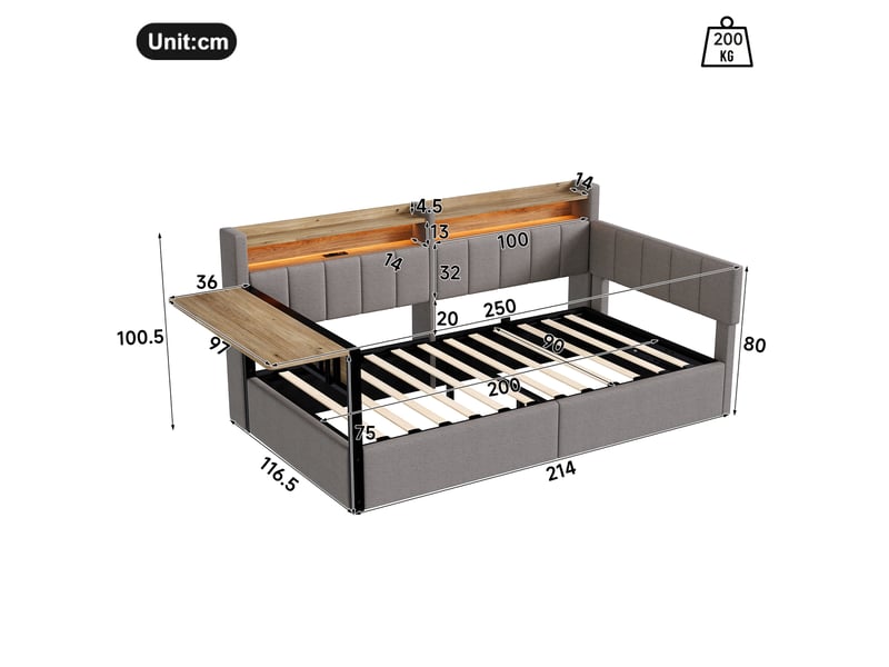 Lit coffre hydraulique 90x200 cm avec led, table rabattable et usb-c, velours gris, structure mdf, sans matelas - Conforama C