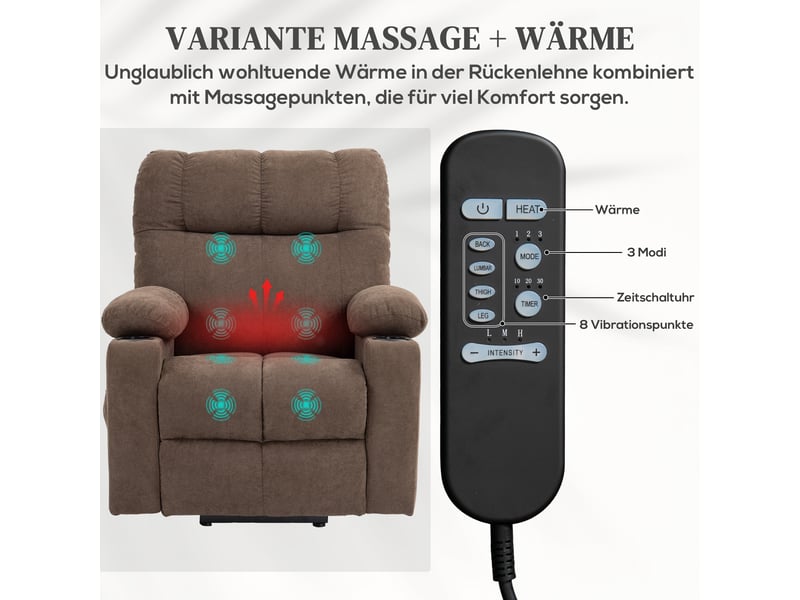  Fauteuil releveur électrique marron, fauteuil relax inclinable à 135 degrés avec massage et chaleur lombaire pour salon  - Conforama E