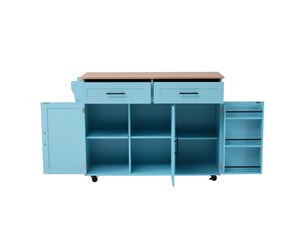 Îlot de cuisine desserte 129 × 46(71) × 91,5 cm plateau rabattable, 2 tiroirs et roulettes - mdf bleu