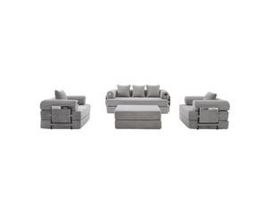 Canapé modulable 4 places avec pouf en velours côtelé gris clair