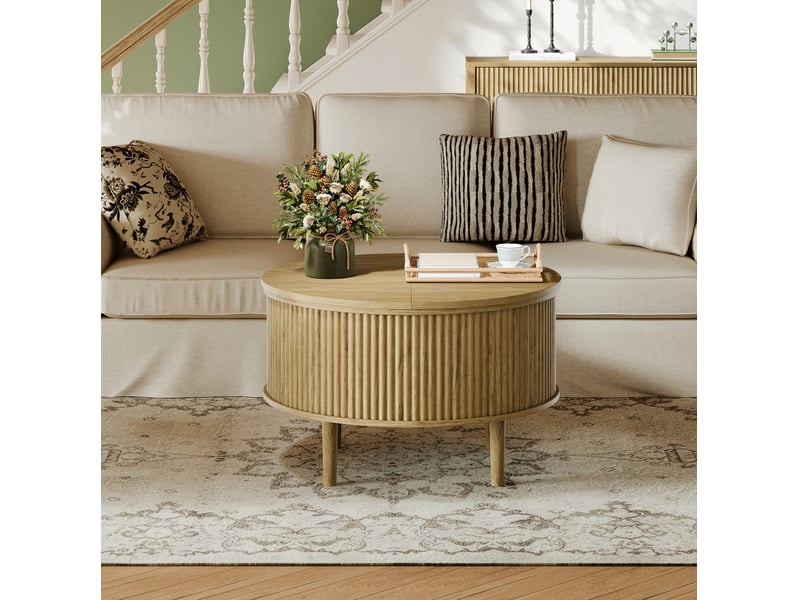  Table basse ronde avec plateaux relevables et rangement compartimenté, décor ondulé en panneaux de particules naturel  - Conforama B
