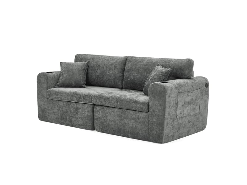  Canapé relax 2 places 220 x 100 x 89 cm, tissu chenille doux, poche latérale, porte-gobelet, coussins, pour petits espaces, gris Bliss Lite - Conforama A