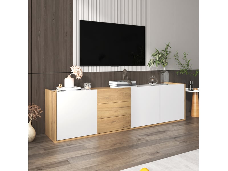  Meuble tv modenvie 171,5 x 35 x 47 cm 3 portes 3 tiroirs mdf blanc et couleur bois  - Conforama E