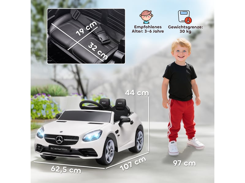  Voiture électrique pour enfants, avec phares led, ceinture de sécurité, klaxon, musique, vitesse de 3 à 5 kmh, blanche, 107 x 62,5 x 44 cm  - Conforama E