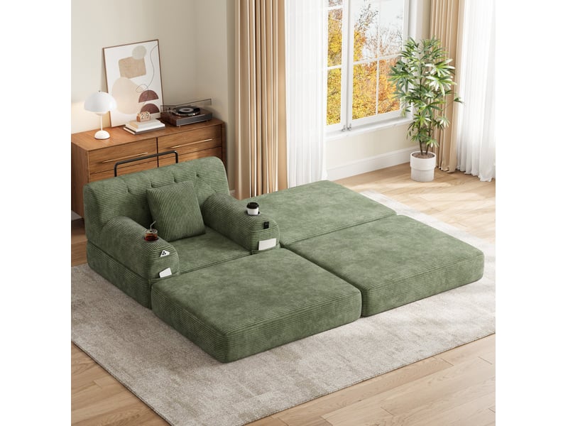  Canapé convertible compressé 1 place avec ottoman, en velours côtelé vert  - Conforama B