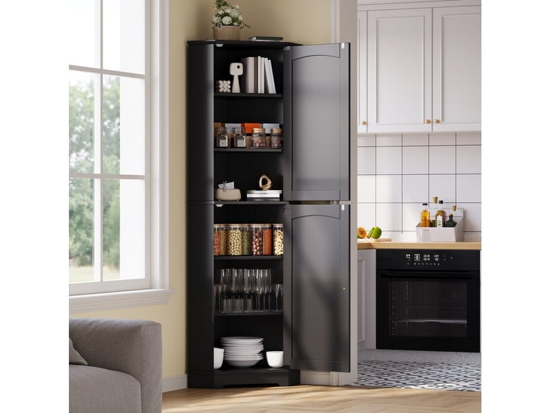  Meuble d'angle de rangement avec 2 portes et étagères réglables pour cuisine en mdf noir 42 × 42 × 166 cm  - Conforama B
