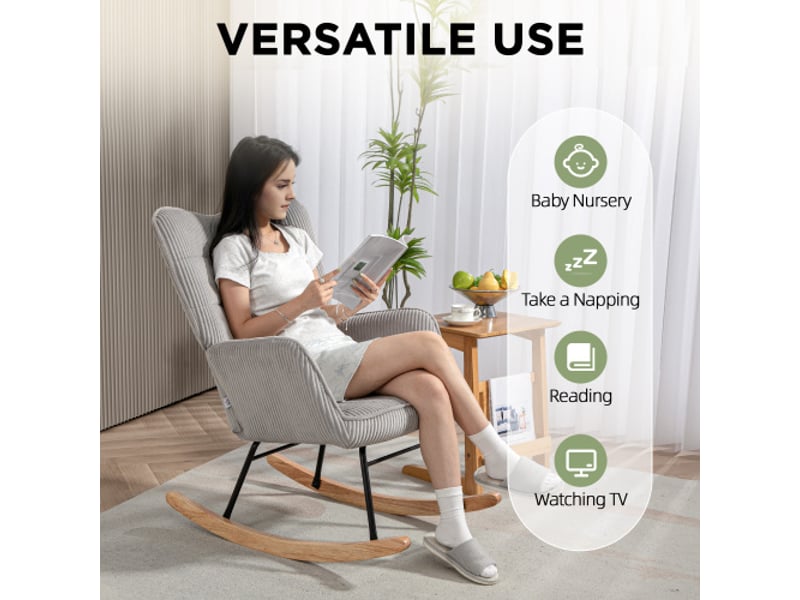  Fauteuil à bascule vert foncé en tissu côtelé, accoudoirs et patins en bois, relax pour salon et chambre  - Conforama D