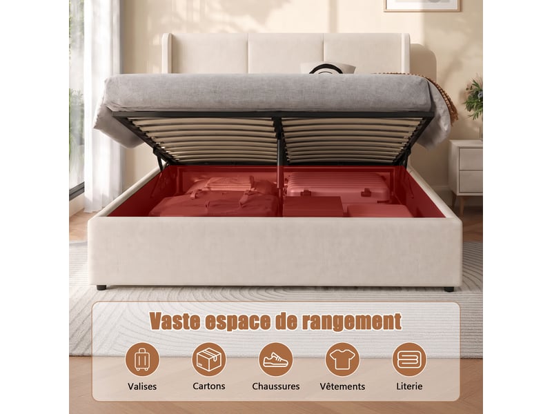 Lit coffre 160x200 cm rembourré tissu lin beige, tête de lit à oreilles, système hydraulique, grand espace de rangement, sommier à lattes  - Conforama W