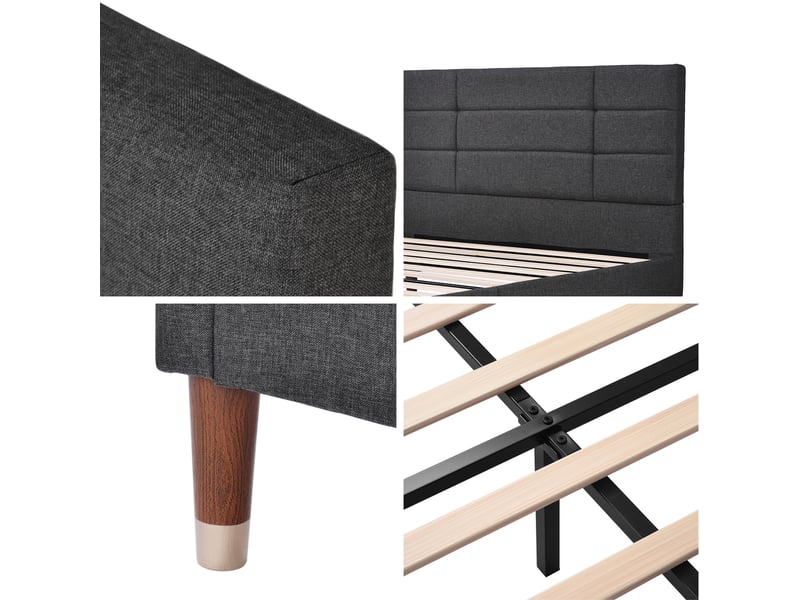  Lit adulte 140x200 cm, tête de lit, structure en bois, sommier, style moderne, lin gris, sans matelas  - Conforama E