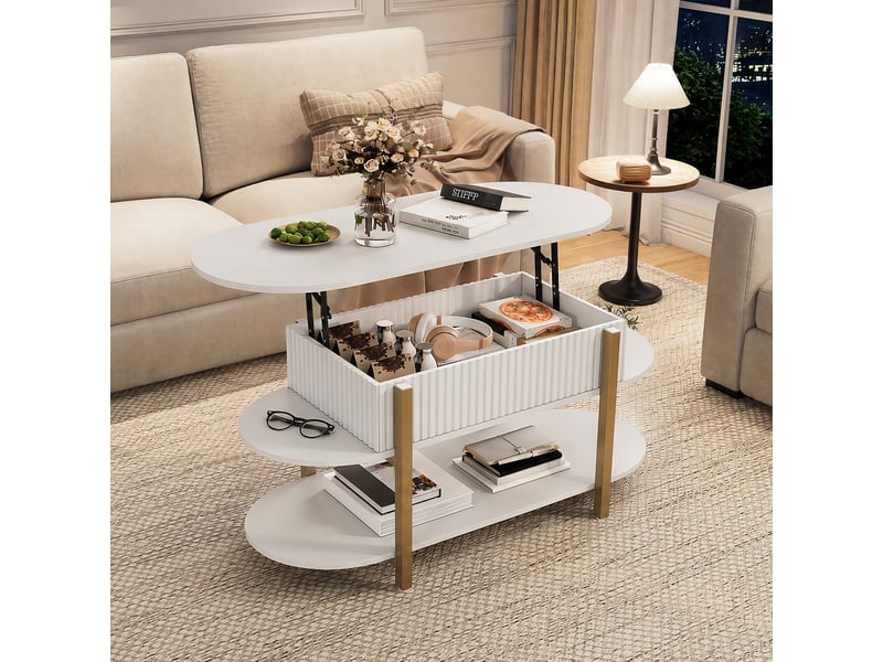  Table basse relevable – plateau ovale – rangement intégré –  design moderne – blanc  - Conforama E