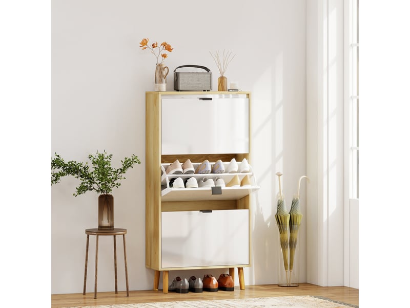 Meuble à chaussures étroit à 3 portes, blanc brillant, étagères réglables, pieds en bois, pour 18 paires de chaussures  - Conforama B