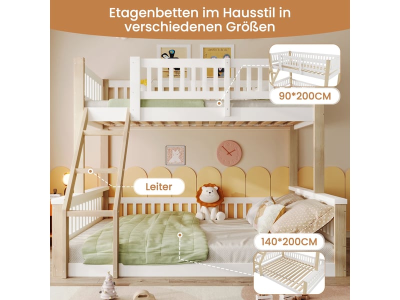  Lit superposé 90x200+140x200, garde-corps haut sécurité lit superposé enfant, structure bois massif, gain d'espace, design épuré  - Conforama E