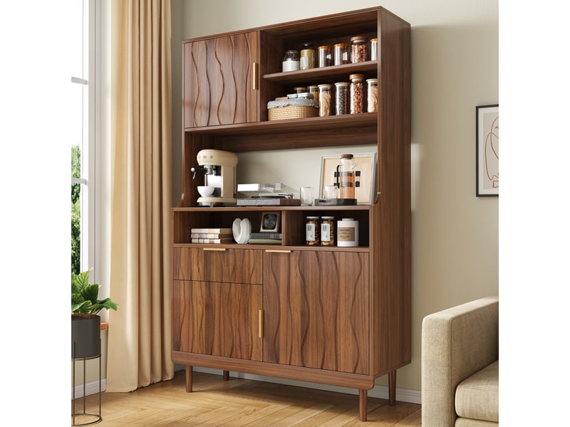  Buffet haut de cuisine 100x32x170 cm avec 3 portes, 1 tiroir, 4 niches ouvertes, façades ondulées, pieds en pin, mdf et aggloméré effet noyer  - Conforama C