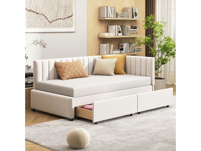  Canapé-lit rembourré 90x200 cm avec 2 grands tiroirs de rangement, lit simple, lit adulte avec sommier à lattes, beige, velours  - Conforama C