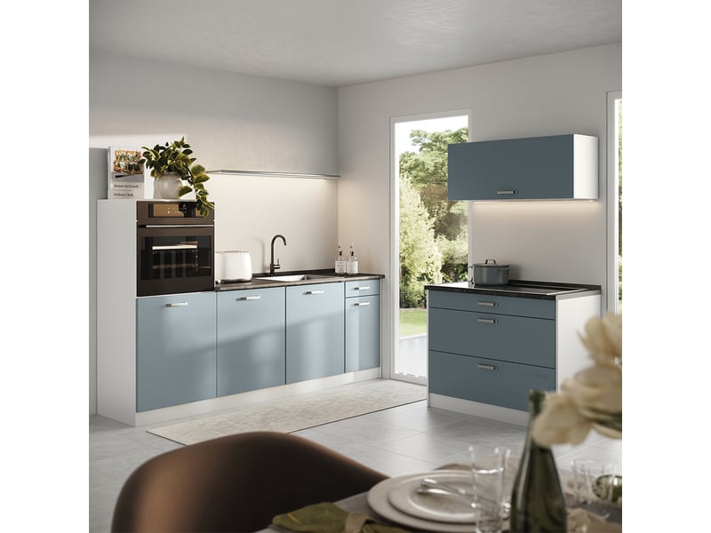  Vicco cuisine, bleu-grisblanc, 220cm plan de travail anthracite  - Conforama C