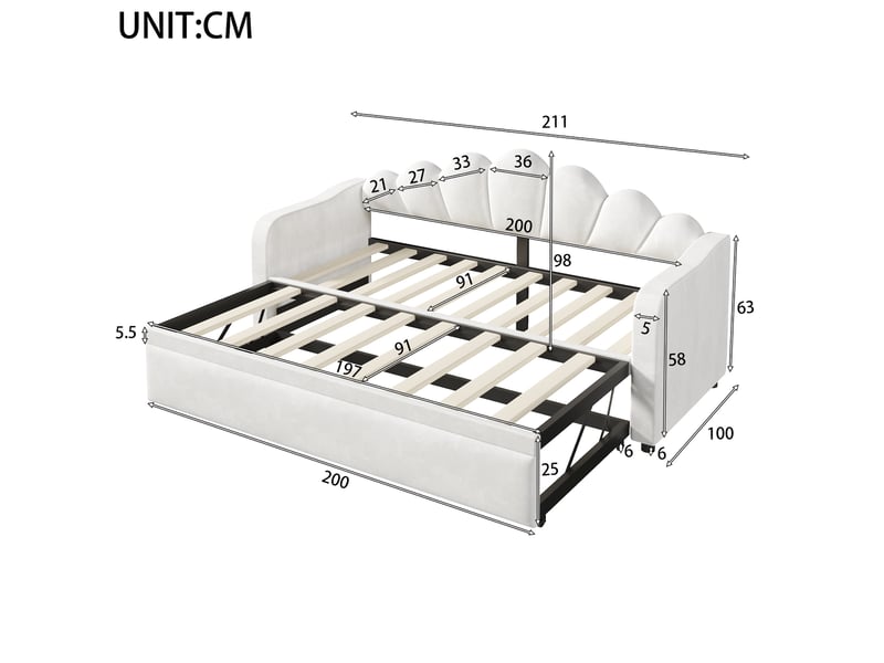  Lit banquette 90x200 cm led avec lit gigogne blanc  - Conforama C