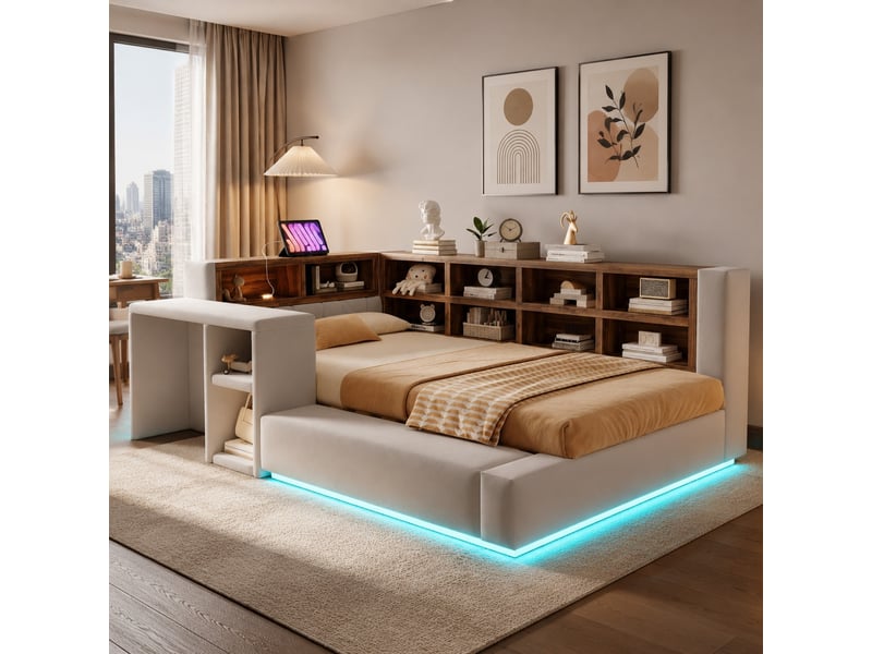 Lit avec tête de lit rembourrée 90 x 200 cm, avec fond plat, avec lumières led, prises intégrées, table de chevet, banquette intégrée, gris clair - Conforama B
