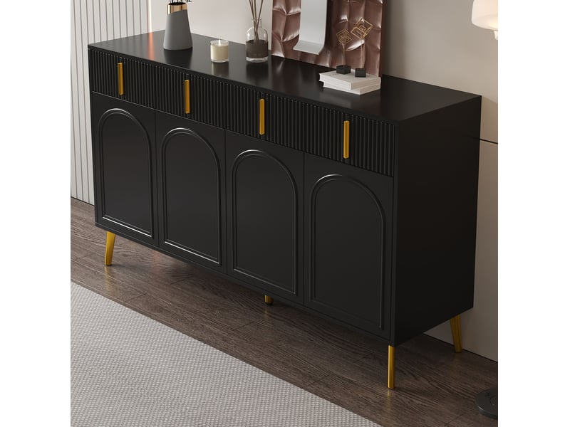 Buffet et enfilade noir avec 4 portes, 4 tiroirs et étagères réglables, détails dorés pour salon 140 × 38 × 82 cm - Conforama C