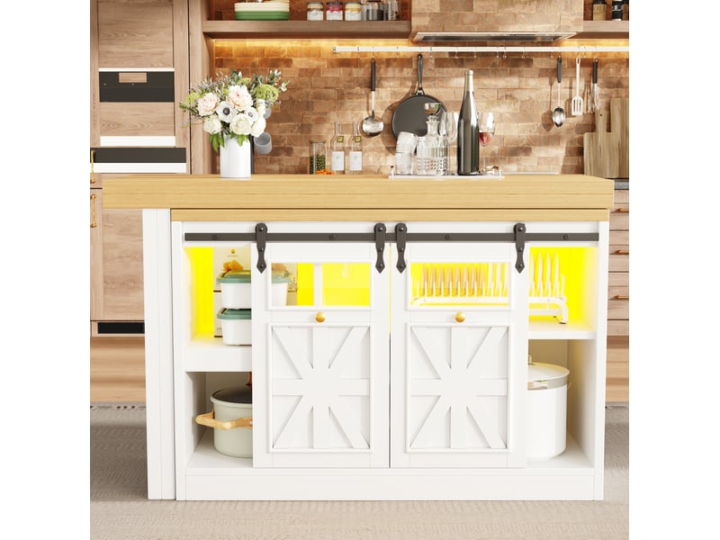 Desserte de cuisine avec table extensible pivotante, vitrine led et rangement, pour cuisine et salle à manger, blanc - Conforama C