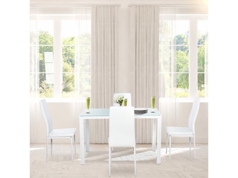  Ensemble de salle à manger avec table et 4 chaises, 5 pièces, table rectangulaire en verre trempé et chaises rembourrées en pu, blanc  - Conforama D