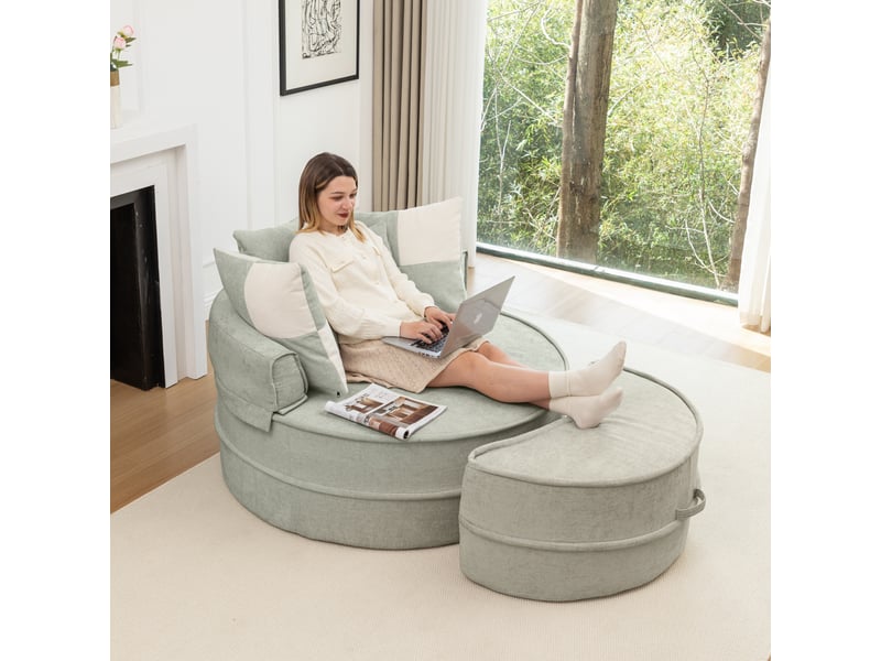  Fauteuil rond en chenille vert menthe avec pouf, fauteuil lounge une place avec cinq coussins pour salon et chambre  - Conforama R