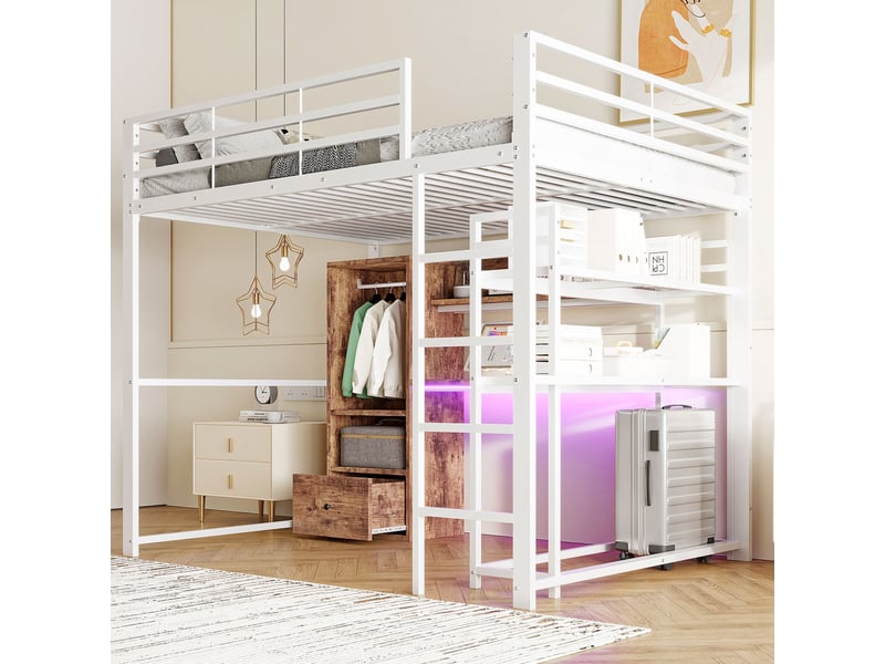 Lit superposé 140x200 cm avec éclairage led, lit simple rembourré avec bureau et tiroir, lit superposé avec cadre en métal, blanc - Conforama E