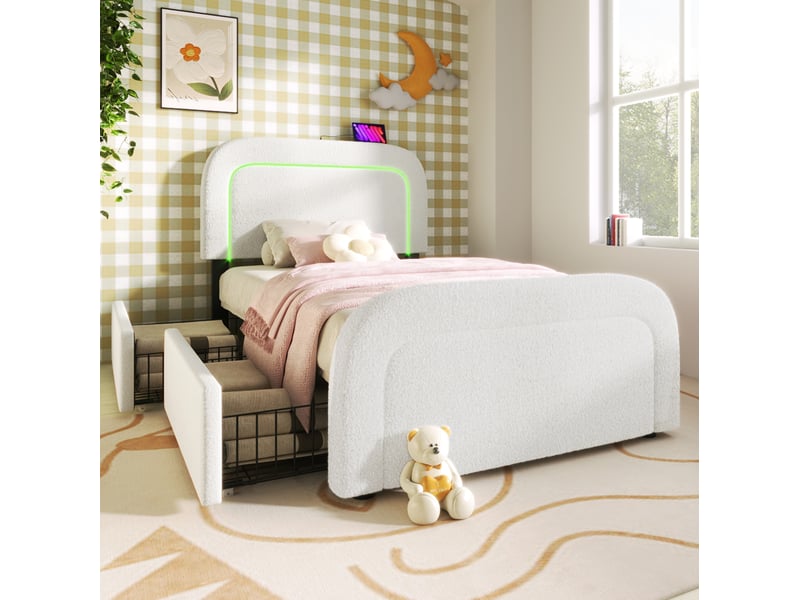  Modenvie lit simple 90x200 cm - led intégrée, ports usb-c et 2 tiroirs, avec matelas - blanc  - Conforama D