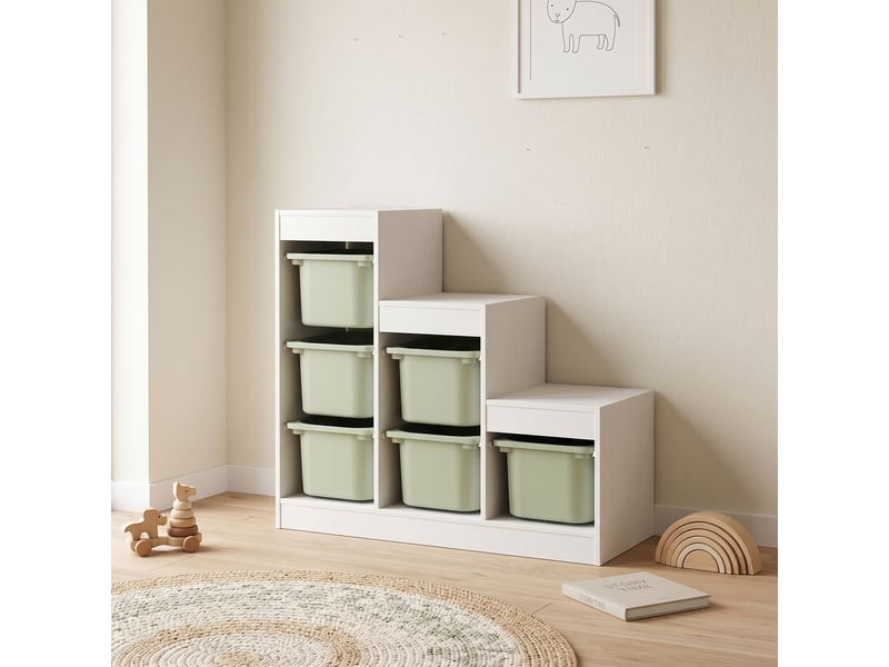 Meuble de rangement pour jouets des enfants avec 6 bacs amovibles, 3 niveaux de rangement, 96 x 38,5 x 90, vert - Conforama A