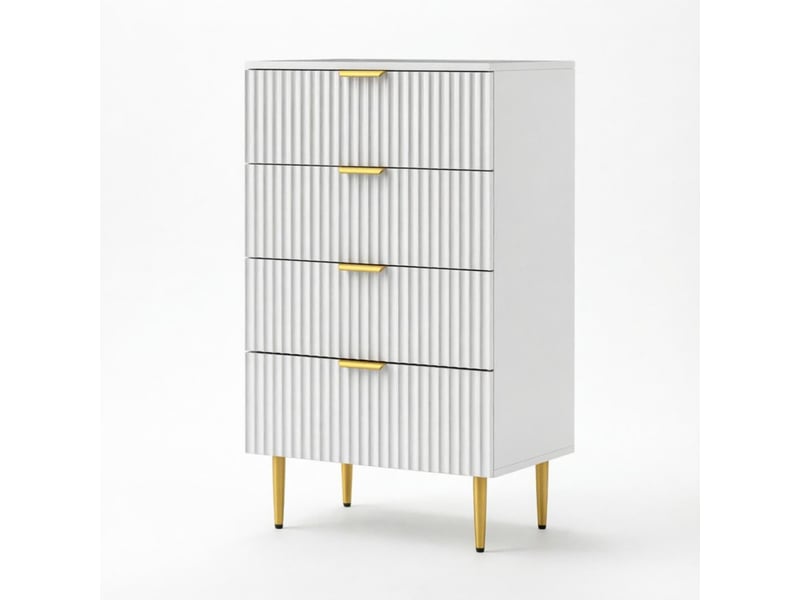  Commode à 4 tiroirs, meuble de rangement moderne pour chambre avec poignées et pieds dorés, 60 × 40 × 96 cm, blanc  - Conforama A