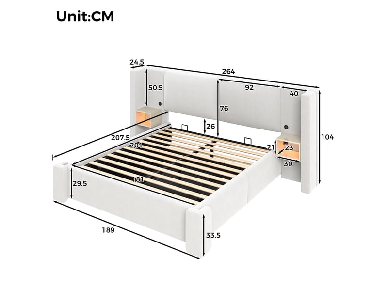 Lit coffre 180 × 200 cm 2 places, rangement hydraulique, éclairage led, tables de chevet et sans matelas, beige  - Conforama D