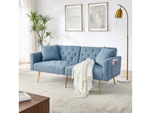 Canapé 2 places moderne en bouclé teddy bleu avec dossier réglable 3 positions et 2 coussins