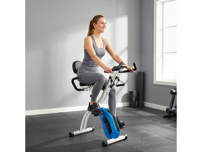  Vélo d'appartement pliable vélo de fitness 3 en 1 silencieux connecté kinomap bluetooth et zwift 105x53,5x109cm bleu  - Conforama C
