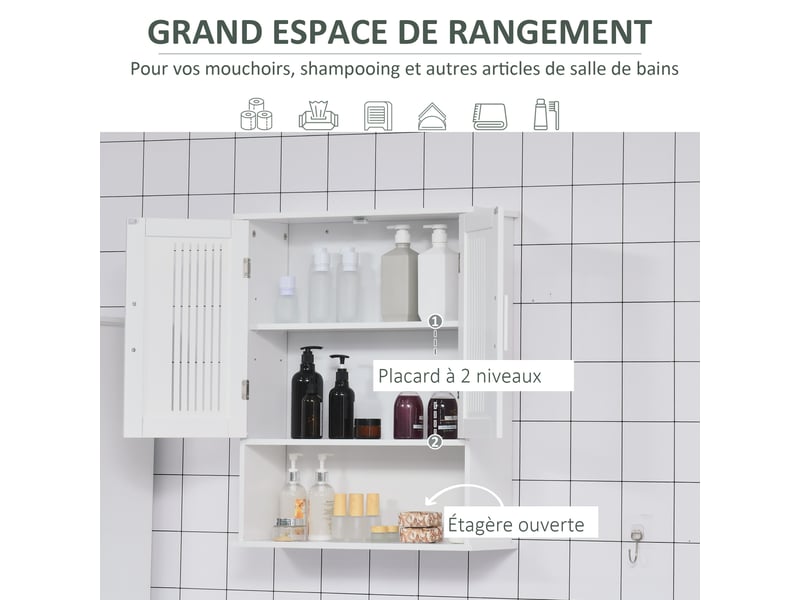 Armoire murale de salle de bain 2 portes étagère réglable mdf blanc 60 x 20 x 70 cm  - Conforama E