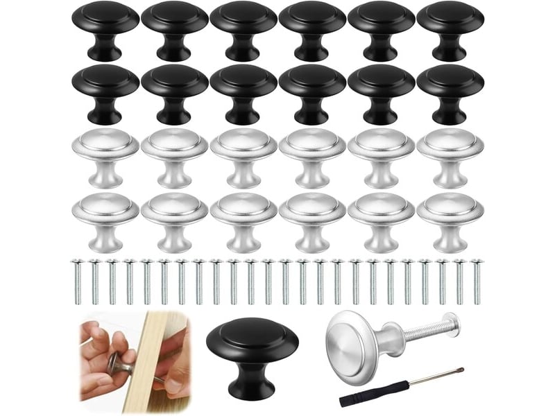  Lot de 24 tireurs argent et noir de 27 mm à un seul trou, poignées en acier inoxydable pour portes et tiroirs avec tournevis  - Conforama C