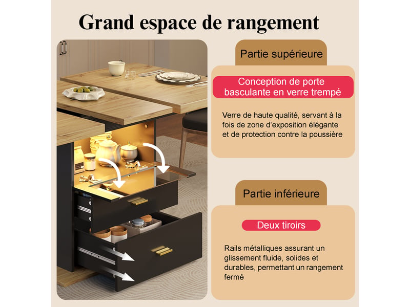  Table de salle à manger 6 personnes extensible avec 2 tiroirs led 110(140)×80×75 cm en mdf bois  - Conforama C