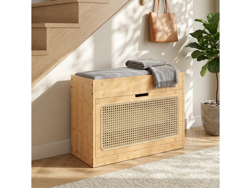  Banc chaussures entrée, banc de rangement en bambou, assise rembourrée, porte en rotin et étagère réglable, bois naturel  - Conforama D