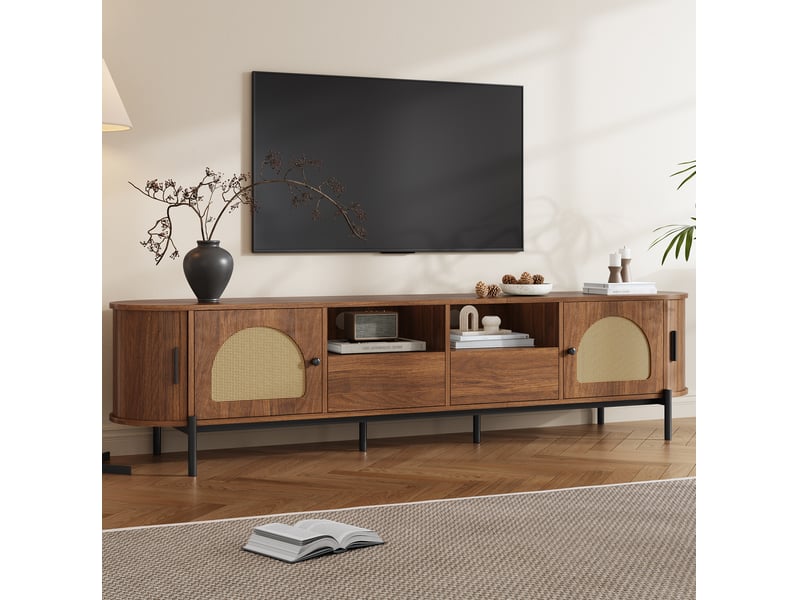  Meuble tv tcqpz ovale 200 x 40 x 49,5 cm en mdf coloris noyer avec portes coulissantes, portes, tiroirs et passe-câbles  - Conforama E